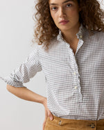 Load image into Gallery viewer, Frill Shirt in Olive/Bark Tattersall Poplin
