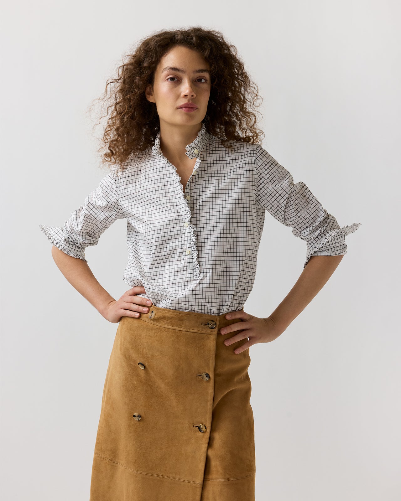 Frill Shirt in Olive/Bark Tattersall Poplin