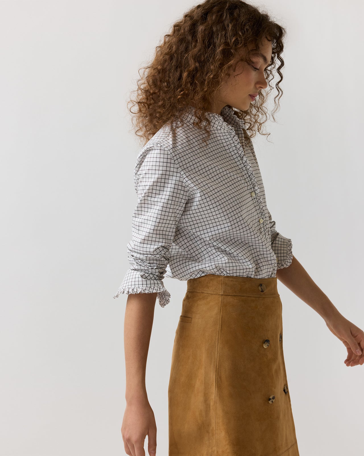 Frill Shirt in Olive/Bark Tattersall Poplin
