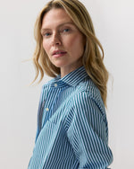 Load image into Gallery viewer, Sidney Shirt in Green/Sky Banker Stripe Poplin
