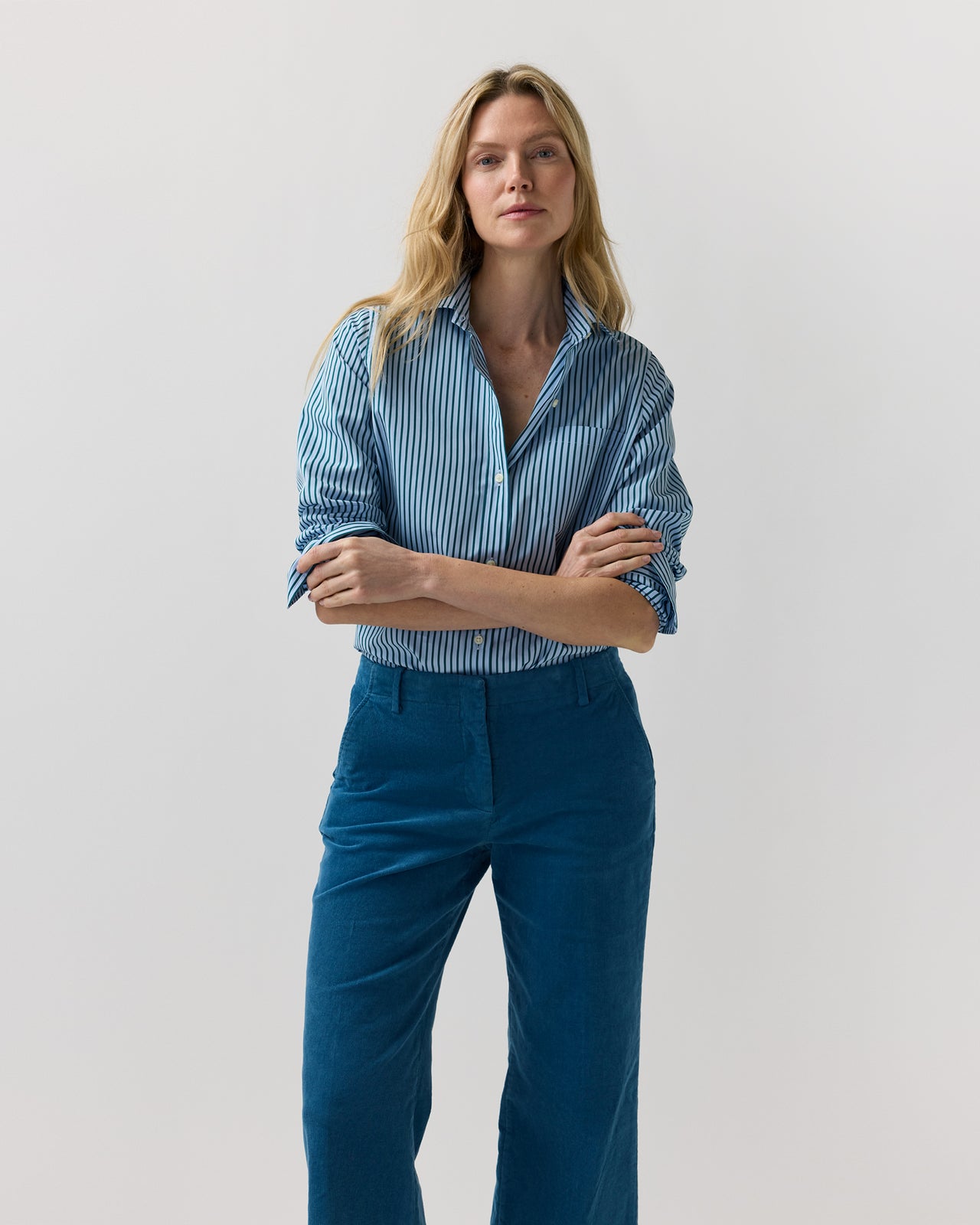Sidney Shirt in Green/Sky Banker Stripe Poplin