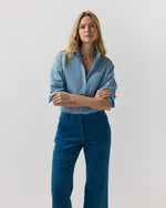 Load image into Gallery viewer, Sidney Shirt in Green/Sky Banker Stripe Poplin
