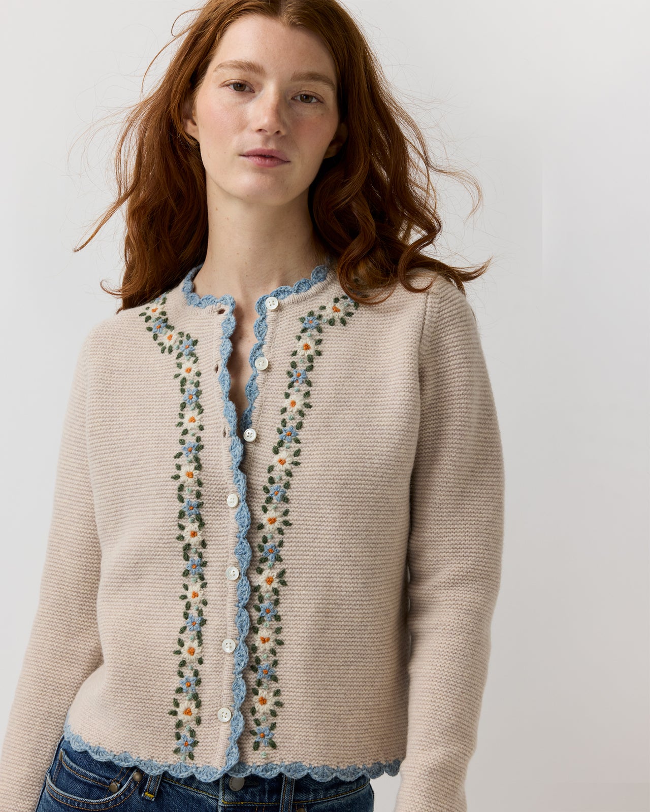Aloise Embroidered Sweater in Oatmeal/Multi Extra Fine Merino Wool