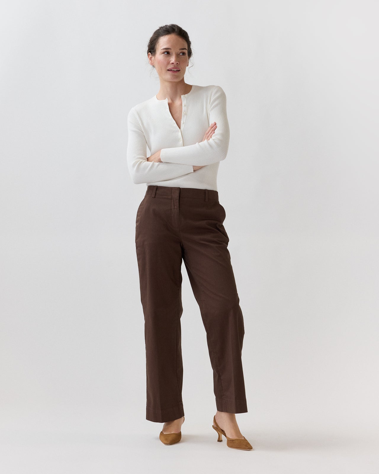 Long-Sleeved Nia Ribbed Henley in Ivory Cotton/Silk