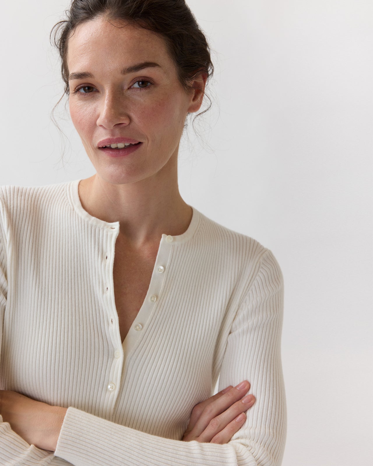 Long-Sleeved Nia Ribbed Henley in Ivory Cotton/Silk