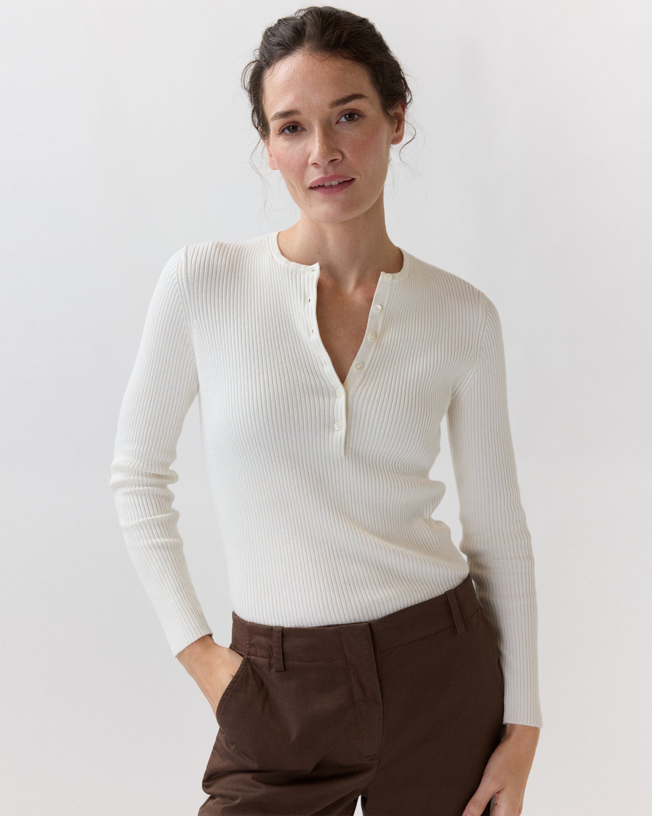 Long-Sleeved Nia Ribbed Henley in Ivory Cotton/Silk