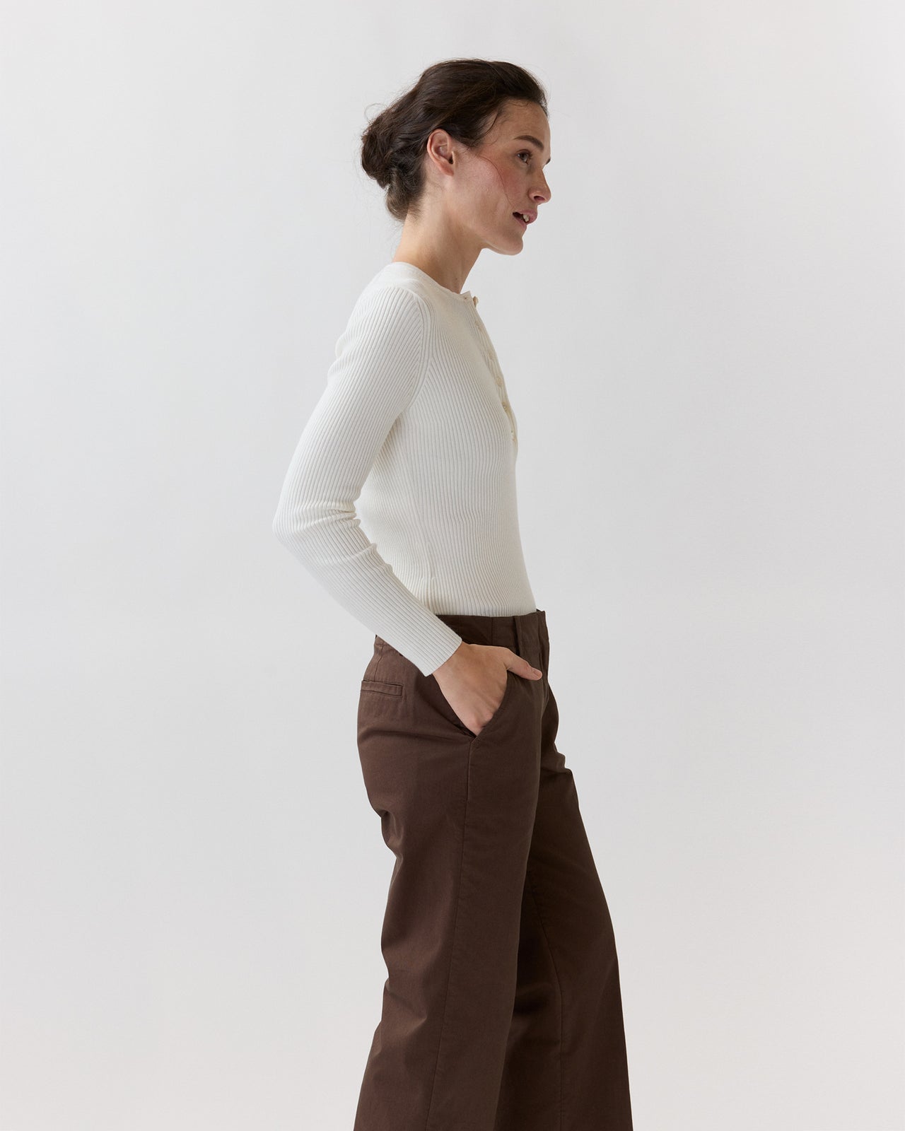 Long-Sleeved Nia Ribbed Henley in Ivory Cotton/Silk