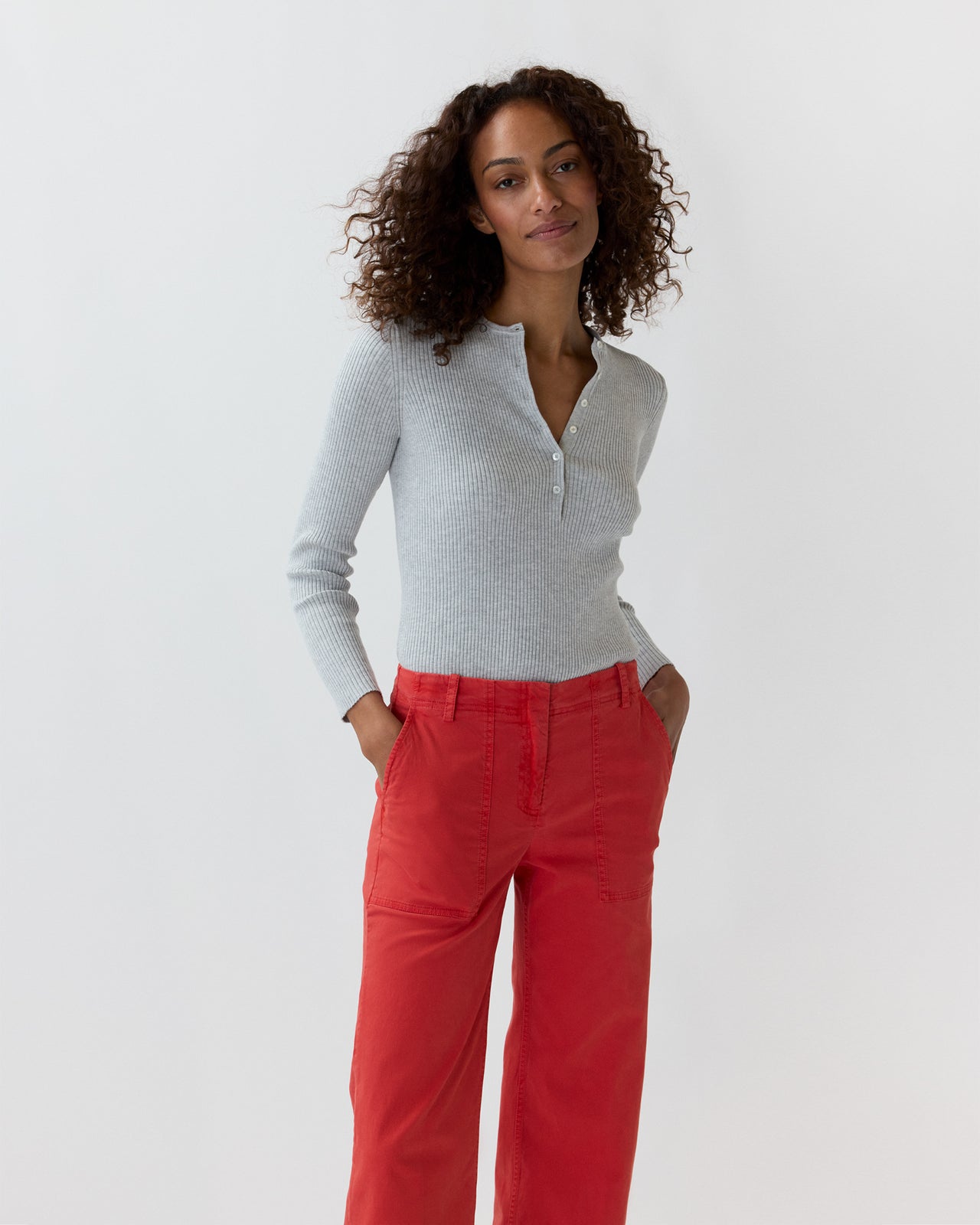 Long-Sleeved Nia Ribbed Henley in Pale Heather Grey Cotton/Silk