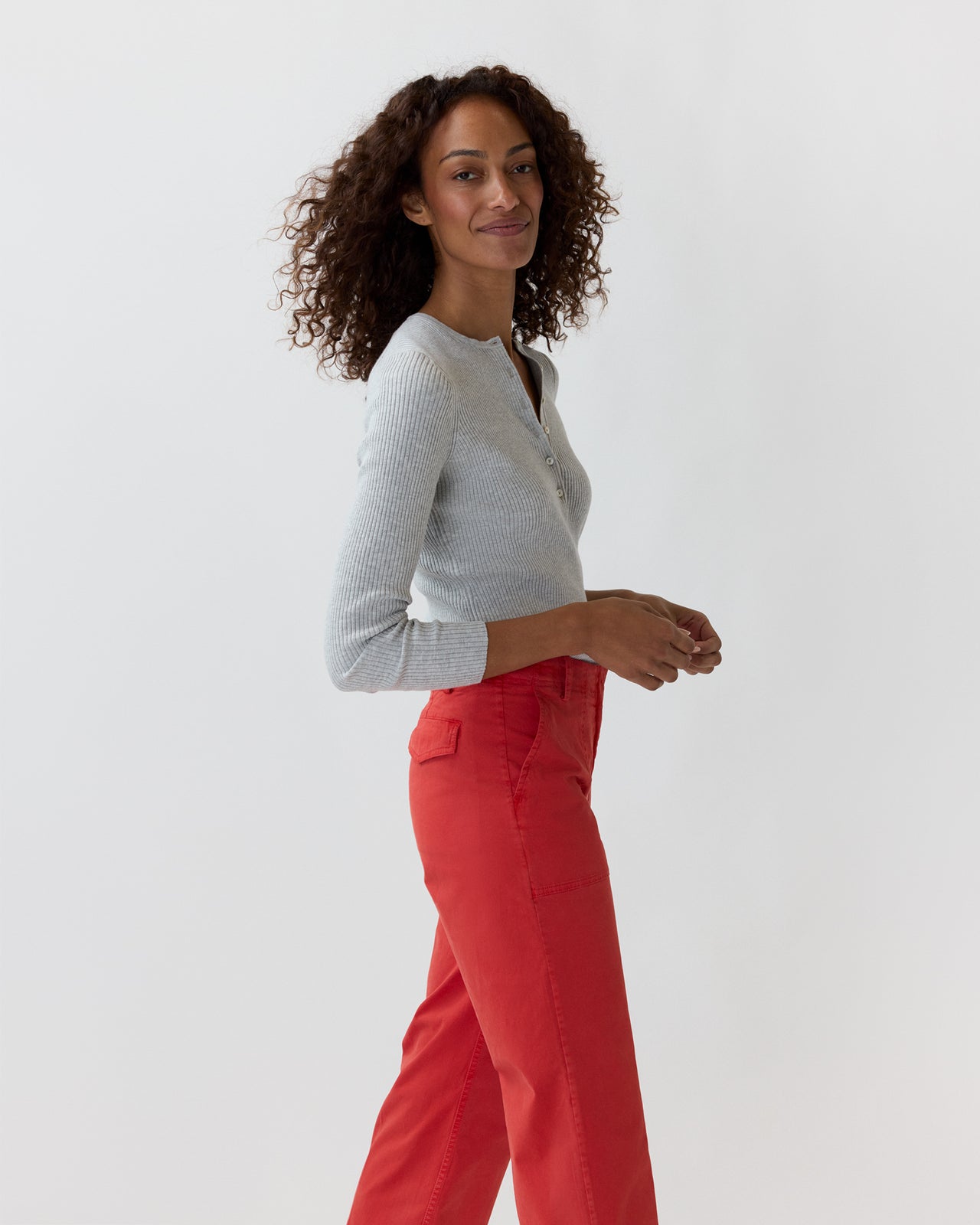 Long-Sleeved Nia Ribbed Henley in Pale Heather Grey Cotton/Silk