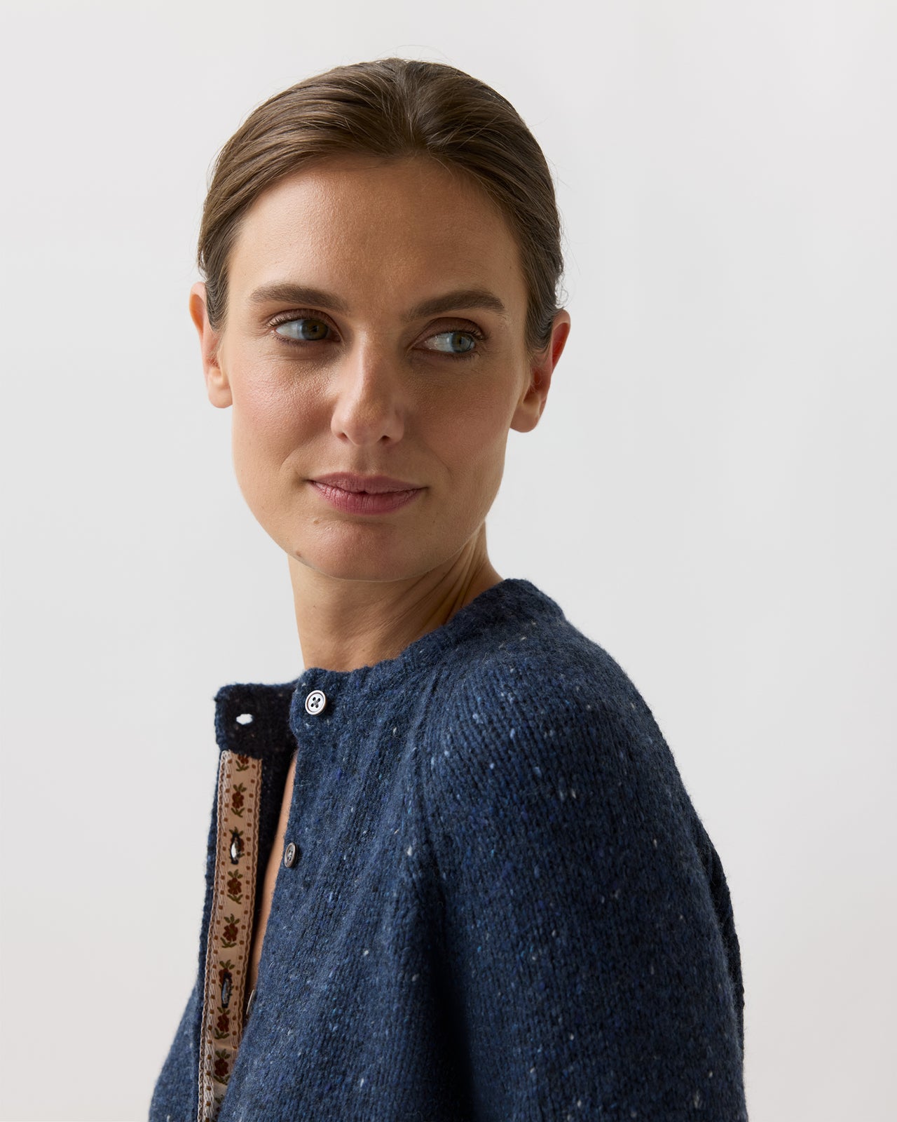 Romy Embroidered Cardigan in Navy Donegal Wool