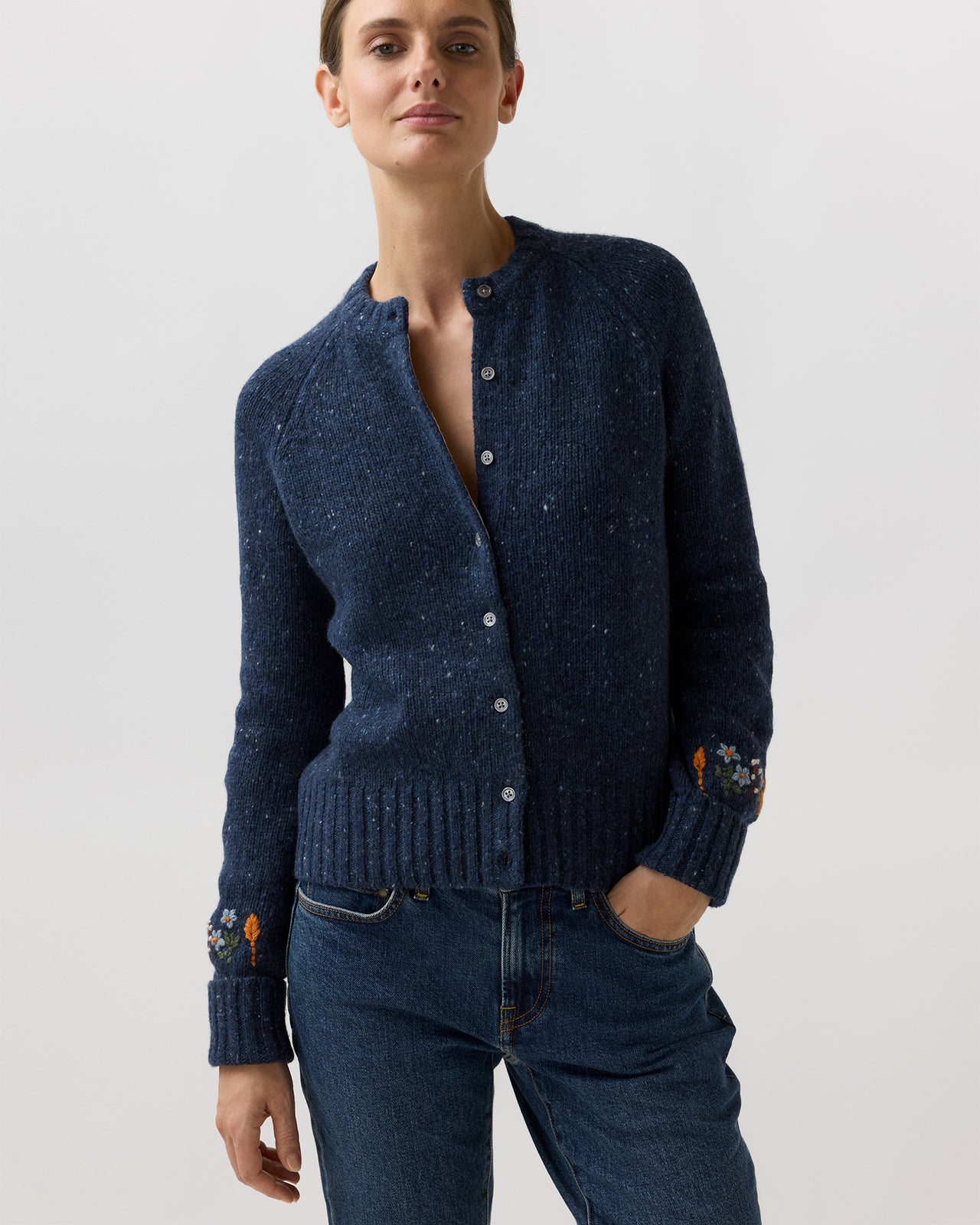 Romy Embroidered Cardigan in Navy Donegal Wool