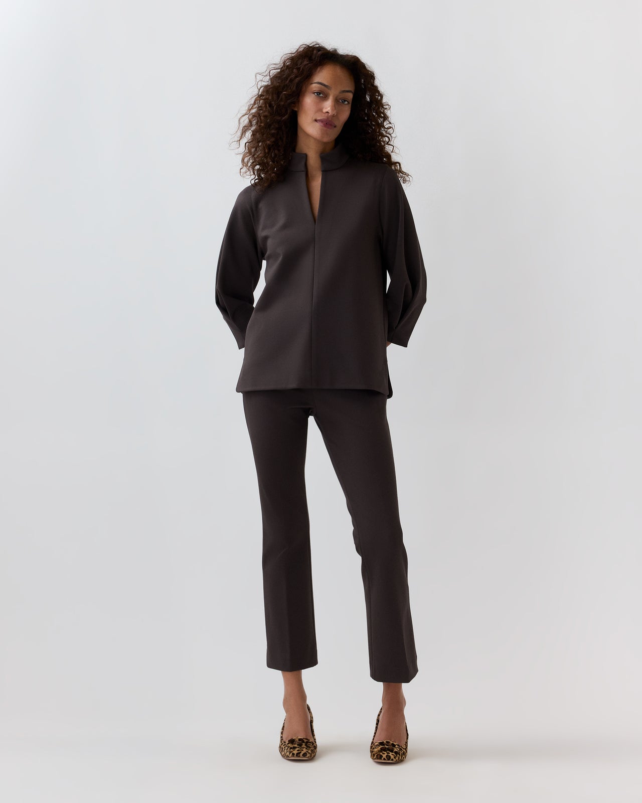 Faye Flare Cropped Pant in Coffee Bi-Stretch Tricotine