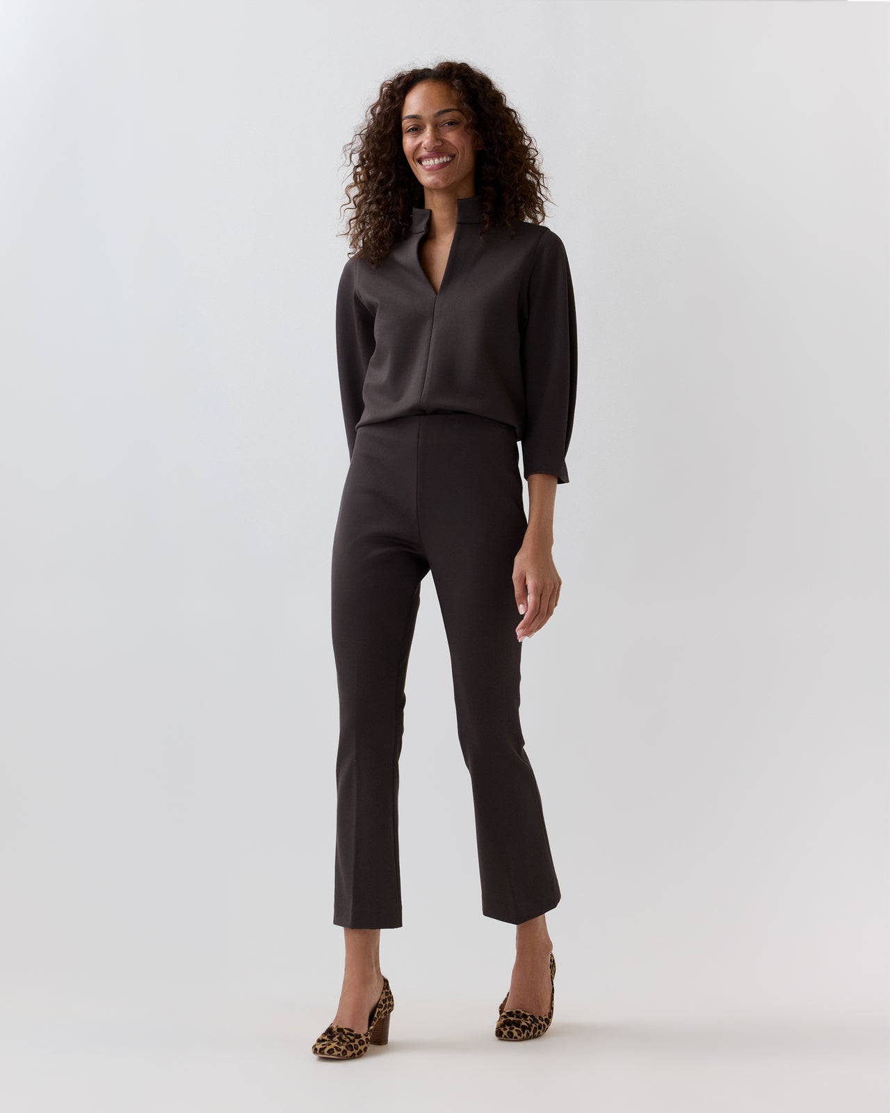 Faye Flare Cropped Pant in Coffee Bi-Stretch Tricotine