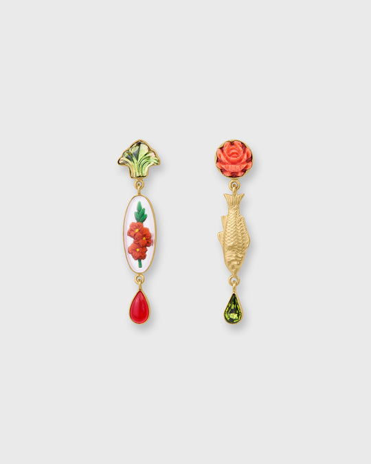Fish & Vintage Cabochon Drop Earrings in Coral