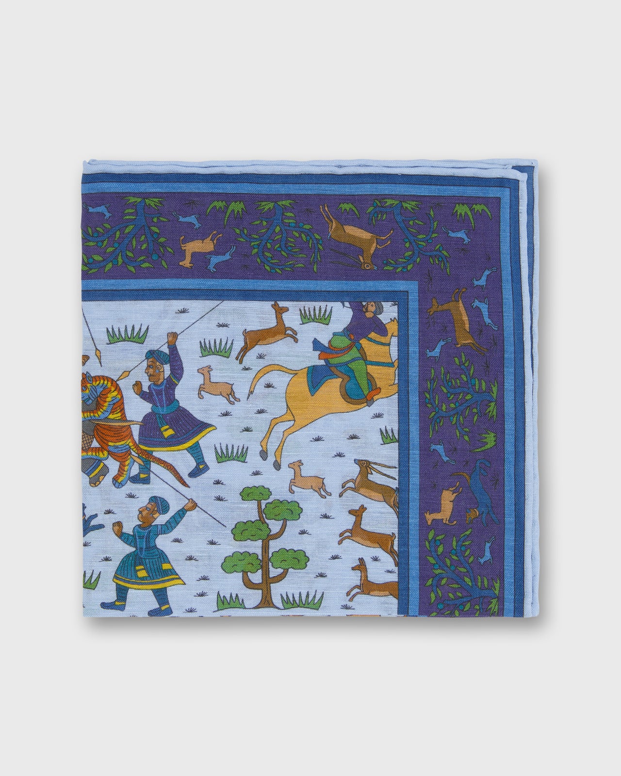 Hand-Rolled Linen/Cotton Print Pocket Square in Sky Archer Scene