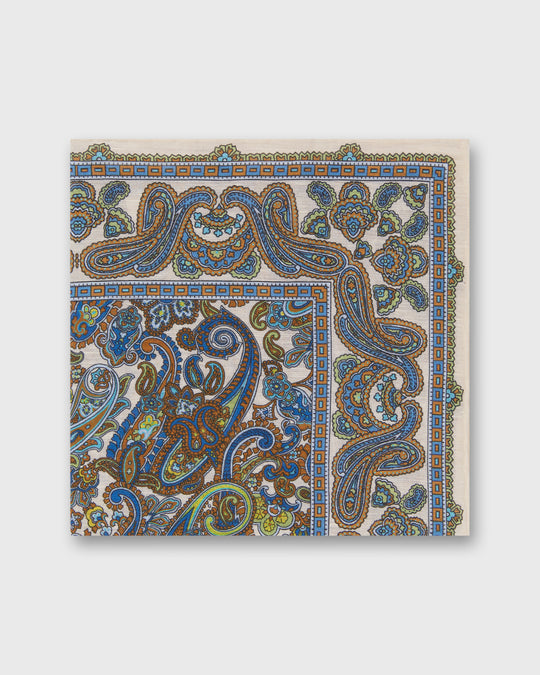 Linen/Cotton Print Pocket Square in Ivory/Royal/Brown Paisley