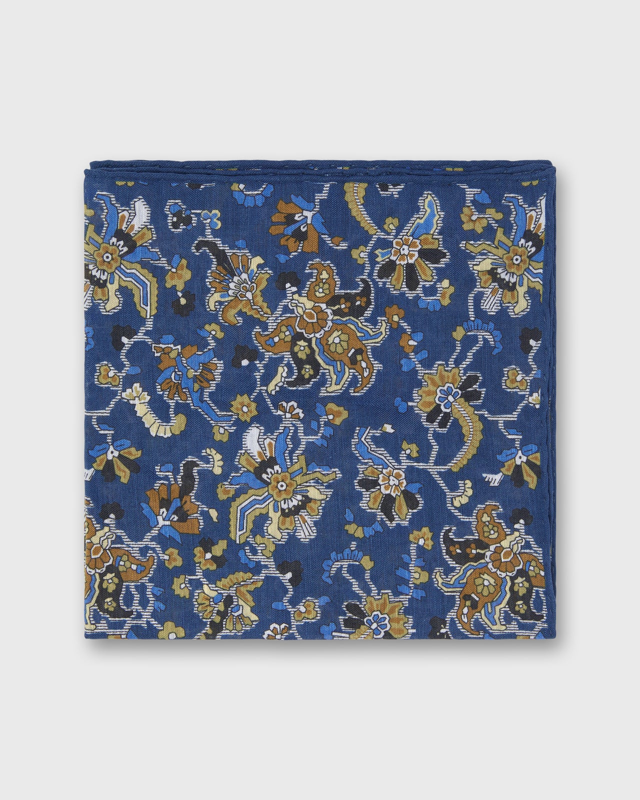 Linen/Cotton Print Pocket Square in Blue/Umber Jacobean Floral