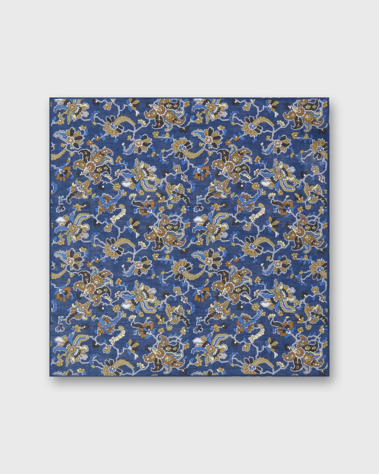 Linen/Cotton Print Pocket Square in Blue/Umber Jacobean Floral