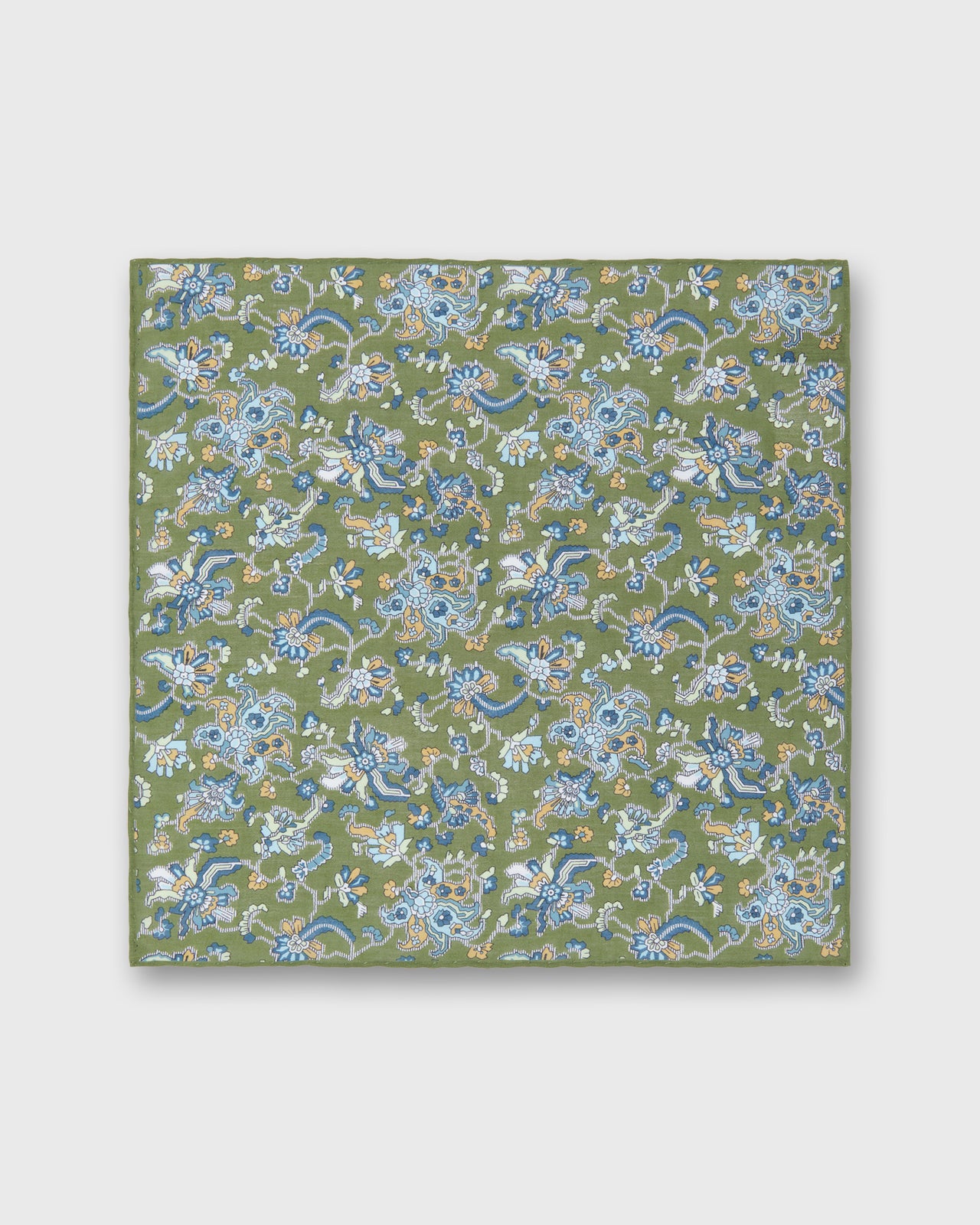 Linen/Cotton Print Pocket Square in Green/Sky Jacobean Floral