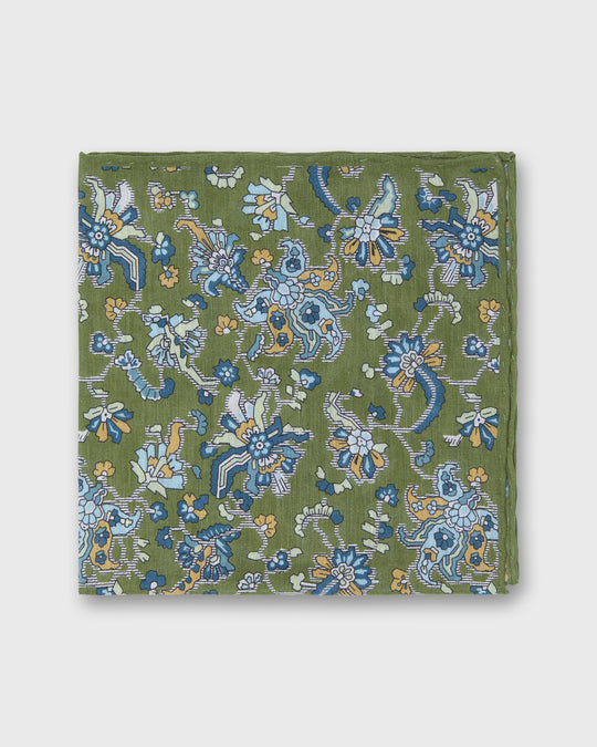 Linen/Cotton Print Pocket Square in Green/Sky Jacobean Floral