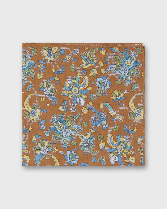 Linen/Cotton Print Pocket Square in Cognac/Sky Jacobean Floral