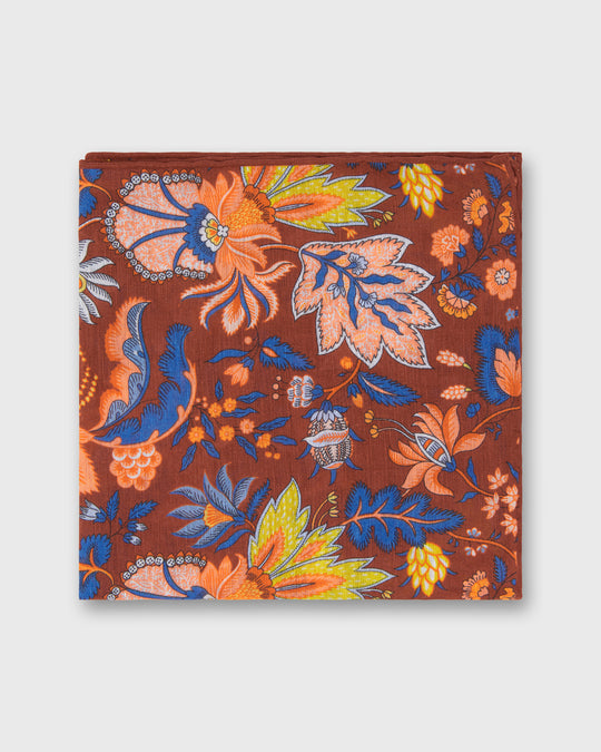Linen/Cotton Print Pocket Square in Brick/Lovat Botanical