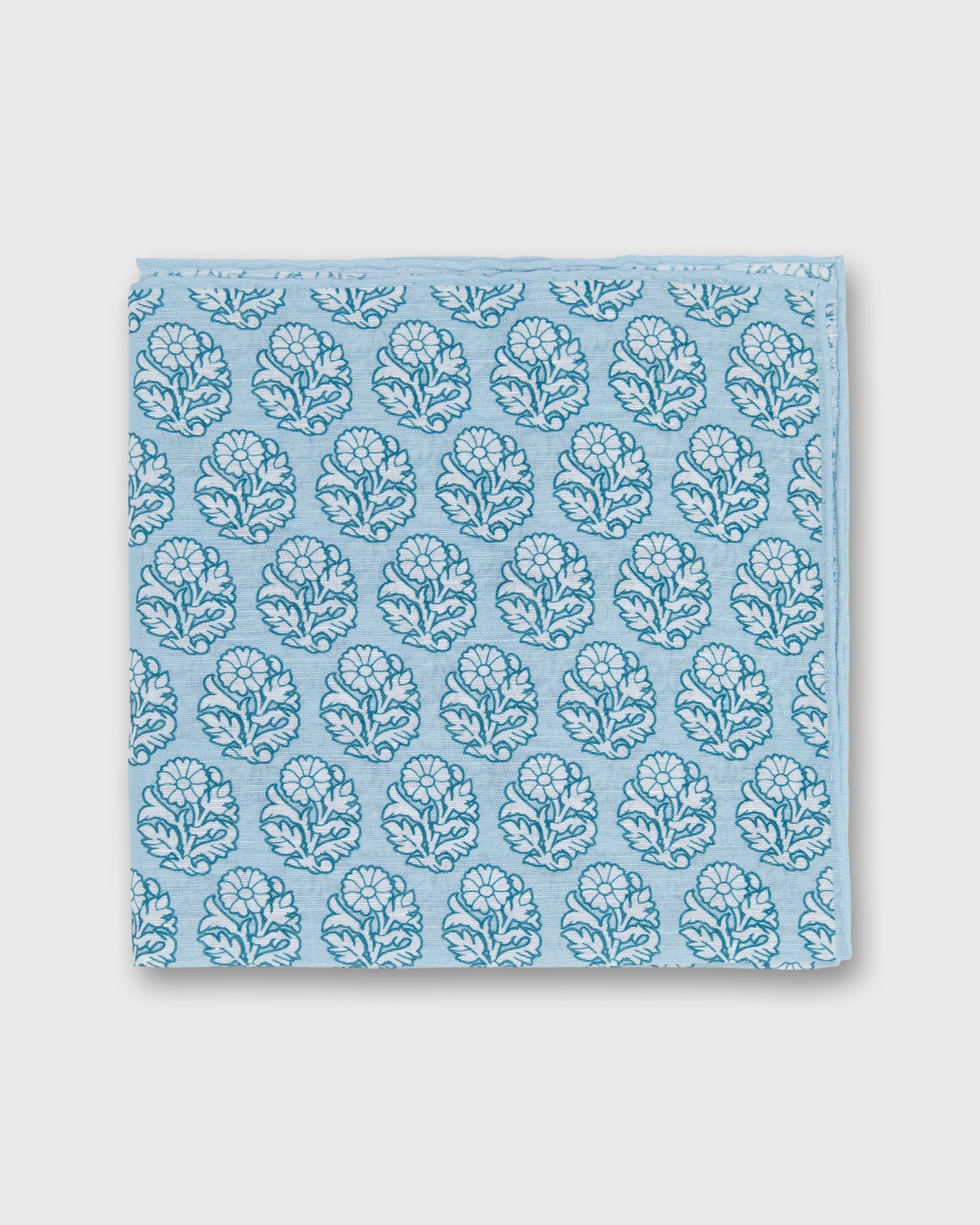 Hand-Rolled Linen/Cotton Print Pocket Square in Seafoam/Bone Flower