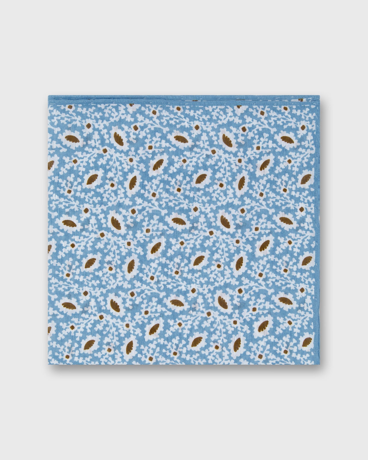Hand-Rolled Linen/Cotton Print Pocket Square in Sky/Chalk/Brown Floral