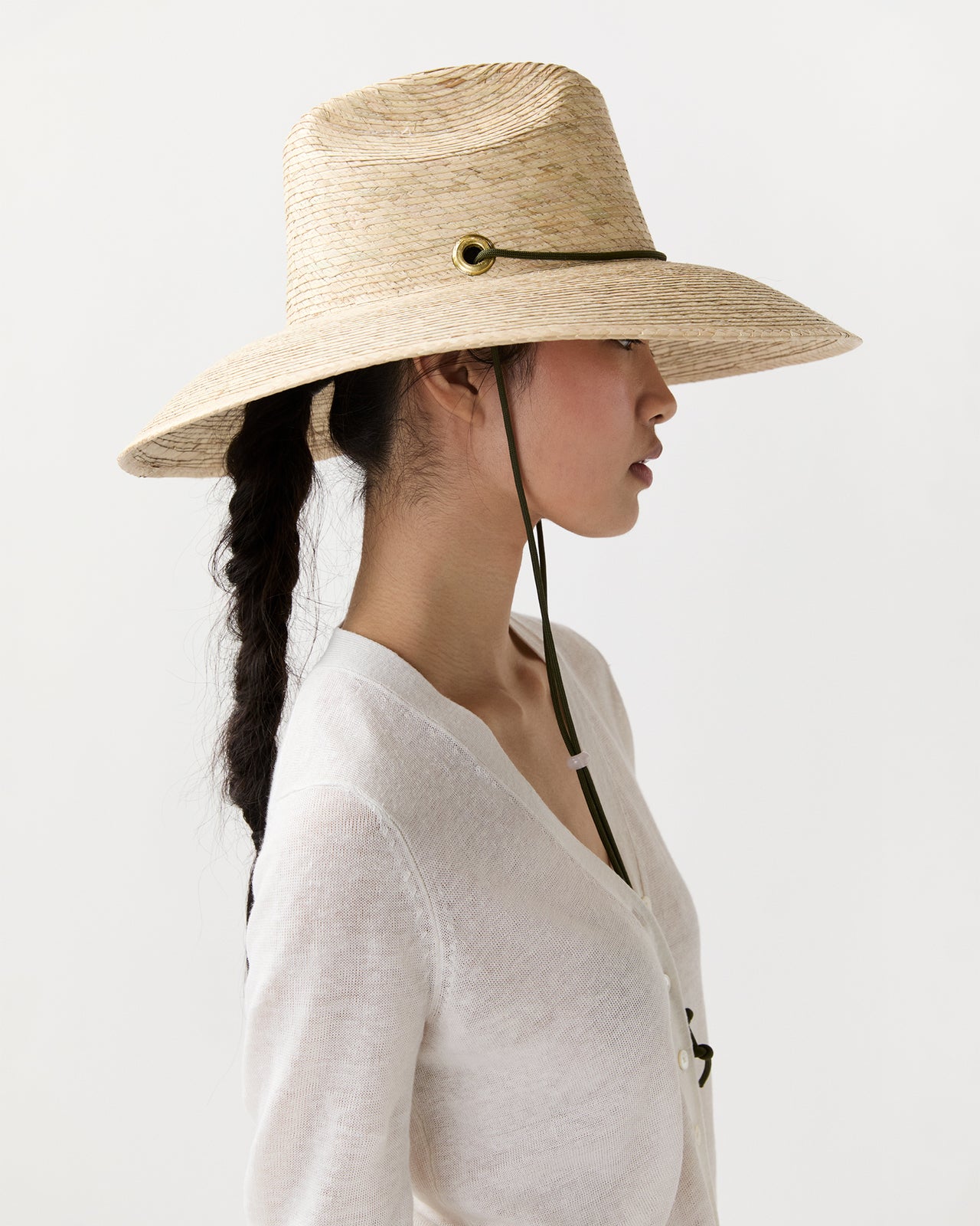 The Hollyhock Hat in Dark Green Lanyard/ Rose Quartz Toggle