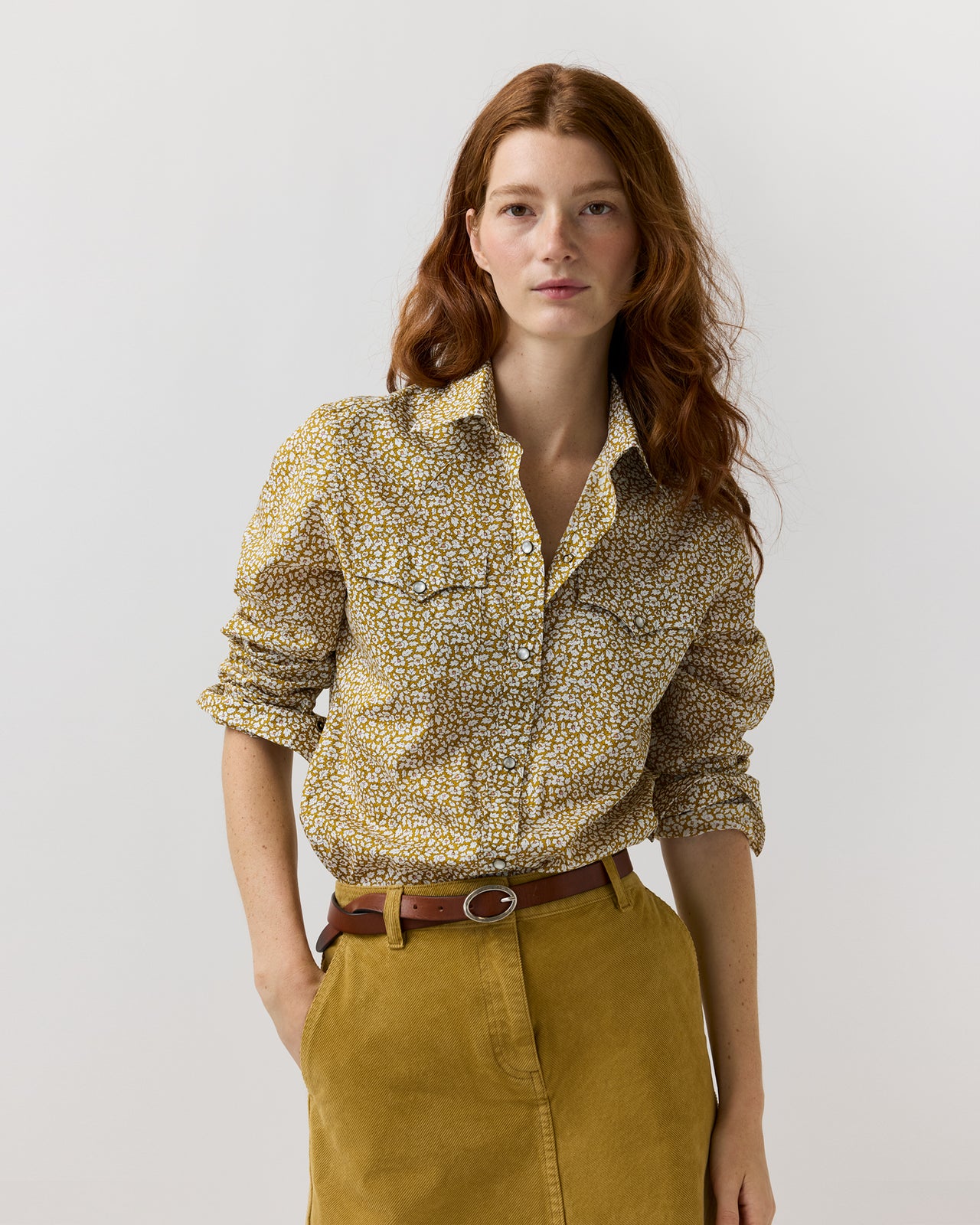 Western Shirt in Gold Feather Meadow Liberty Fabric