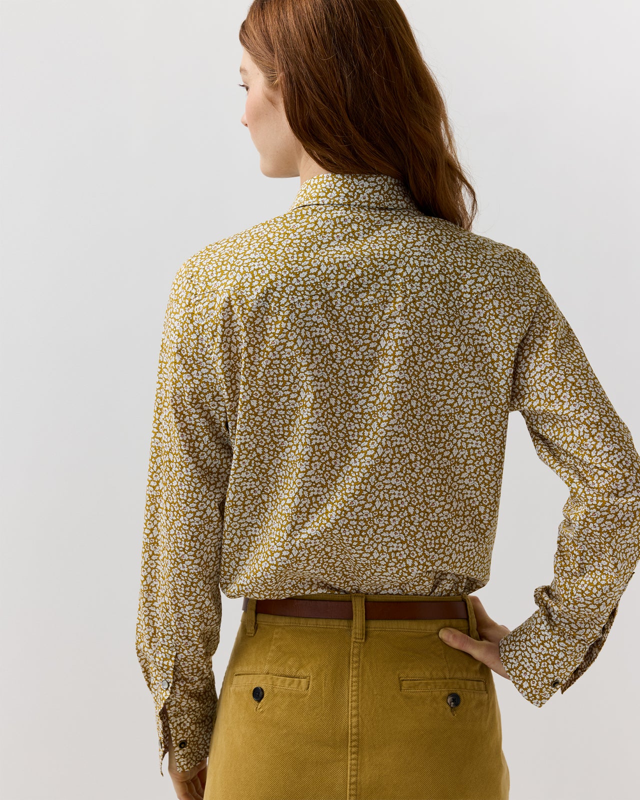 Western Shirt in Gold Feather Meadow Liberty Fabric