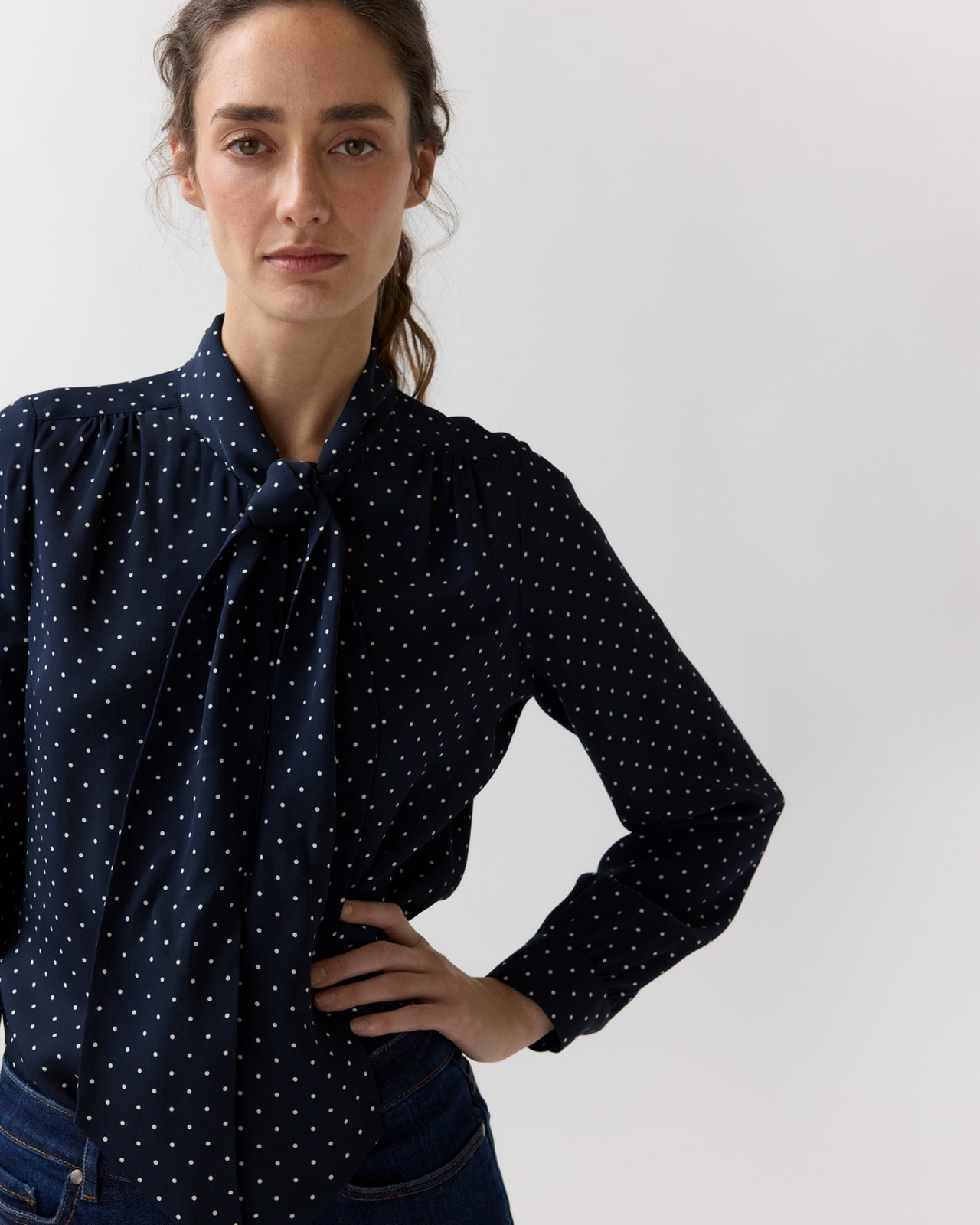 Tie-Neck Blouse in Navy/Ivory Pin Dot Silk Double Georgette