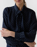 Load image into Gallery viewer, Tie-Neck Blouse in Navy/Ivory Pin Dot Silk Double Georgette
