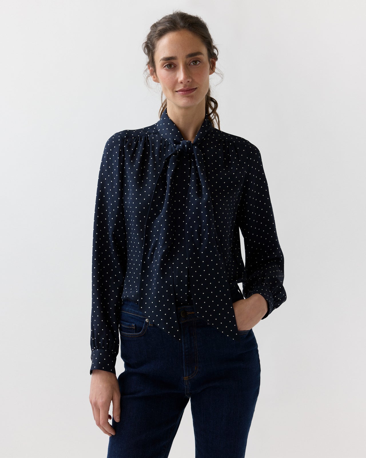 Tie-Neck Blouse in Navy/Ivory Pin Dot Silk Double Georgette