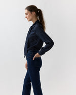 Load image into Gallery viewer, Tie-Neck Blouse in Navy/Ivory Pin Dot Silk Double Georgette
