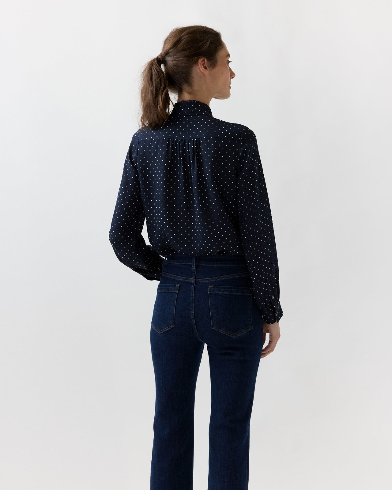 Tie-Neck Blouse in Navy/Ivory Pin Dot Silk Double Georgette