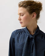 Load image into Gallery viewer, Tie-Neck Blouse in Blue Leopard Crinkle Satin
