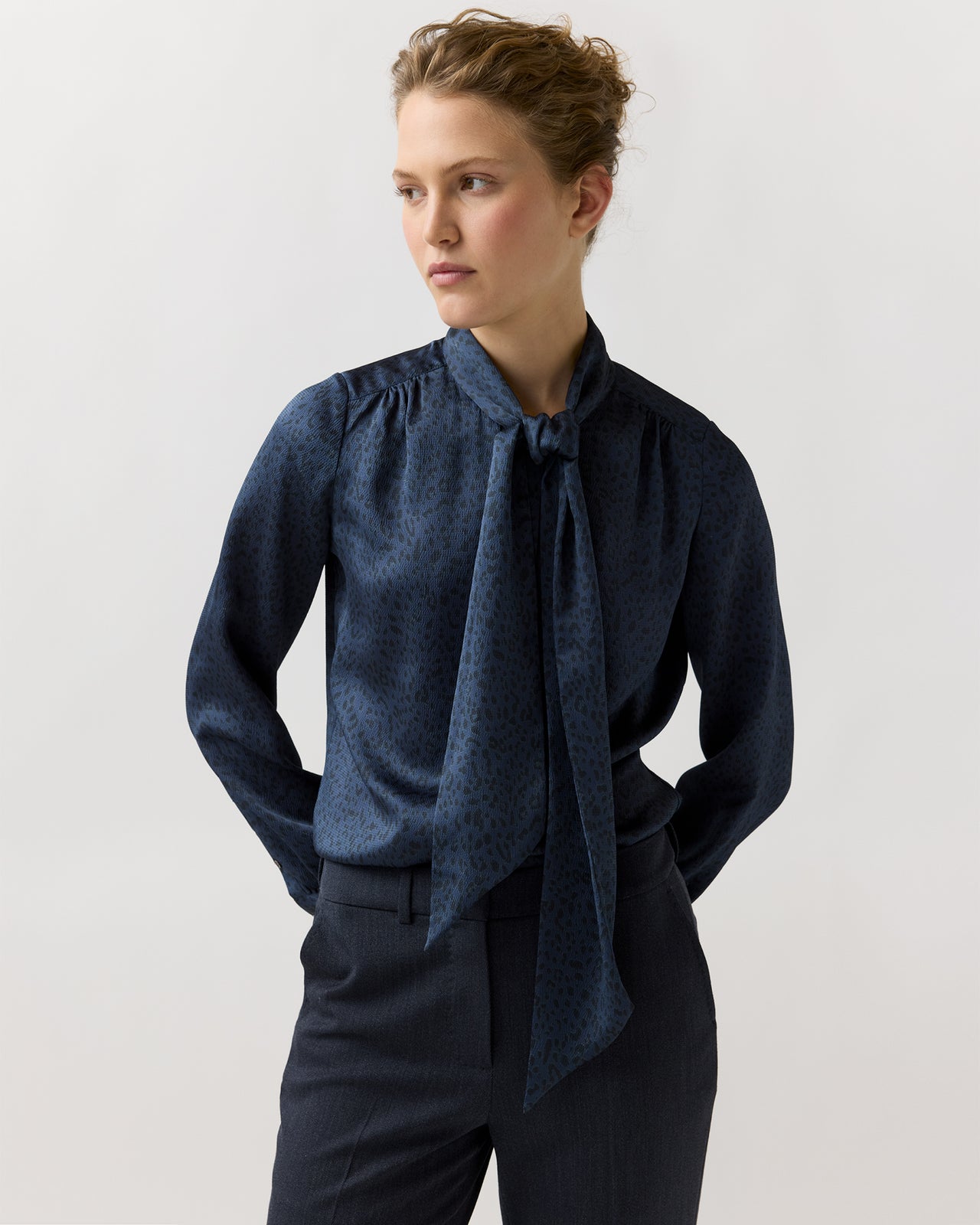 Tie-Neck Blouse in Blue Leopard Crinkle Satin