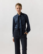 Load image into Gallery viewer, Tie-Neck Blouse in Blue Leopard Crinkle Satin
