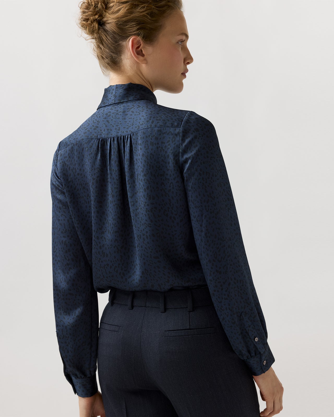 Tie-Neck Blouse in Blue Leopard Crinkle Satin