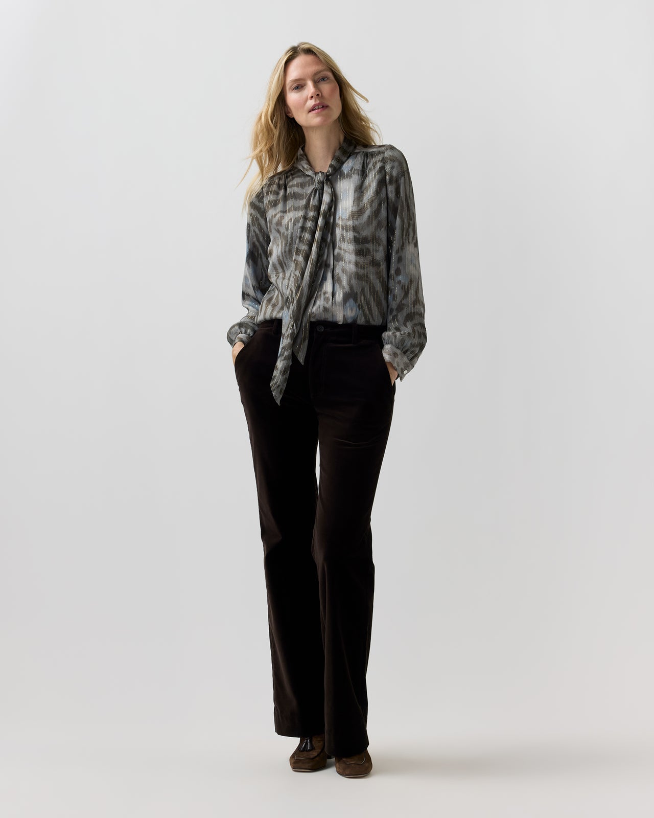 Tie-Neck Blouse in Bark/Powder Leopard Metallic Georgette