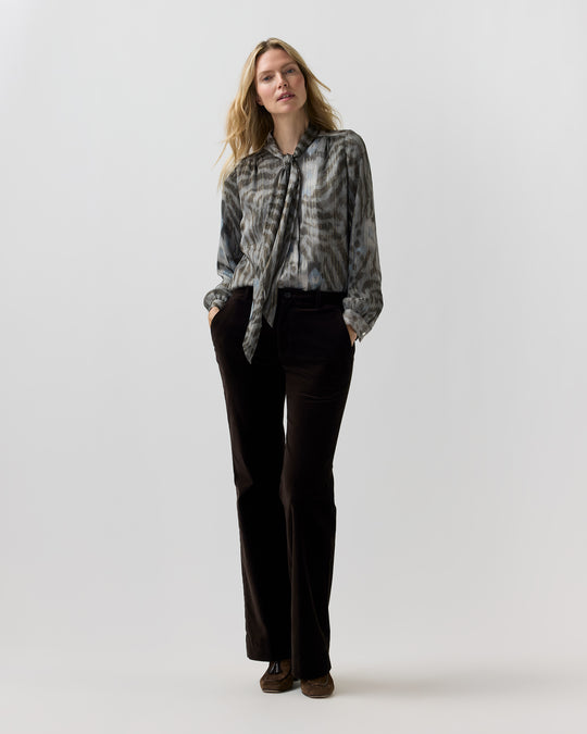 Tie-Neck Blouse in Bark/Powder Leopard Metallic Georgette