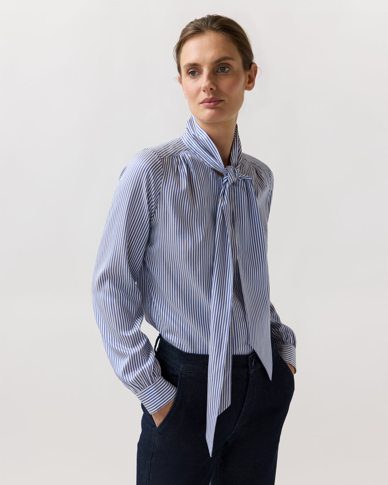 Tie-Neck Blouse in Blue/White Bengal Stripe Silk Crepe De Chine