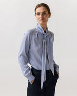 Load image into Gallery viewer, Tie-Neck Blouse in Blue/White Bengal Stripe Silk Crepe De Chine
