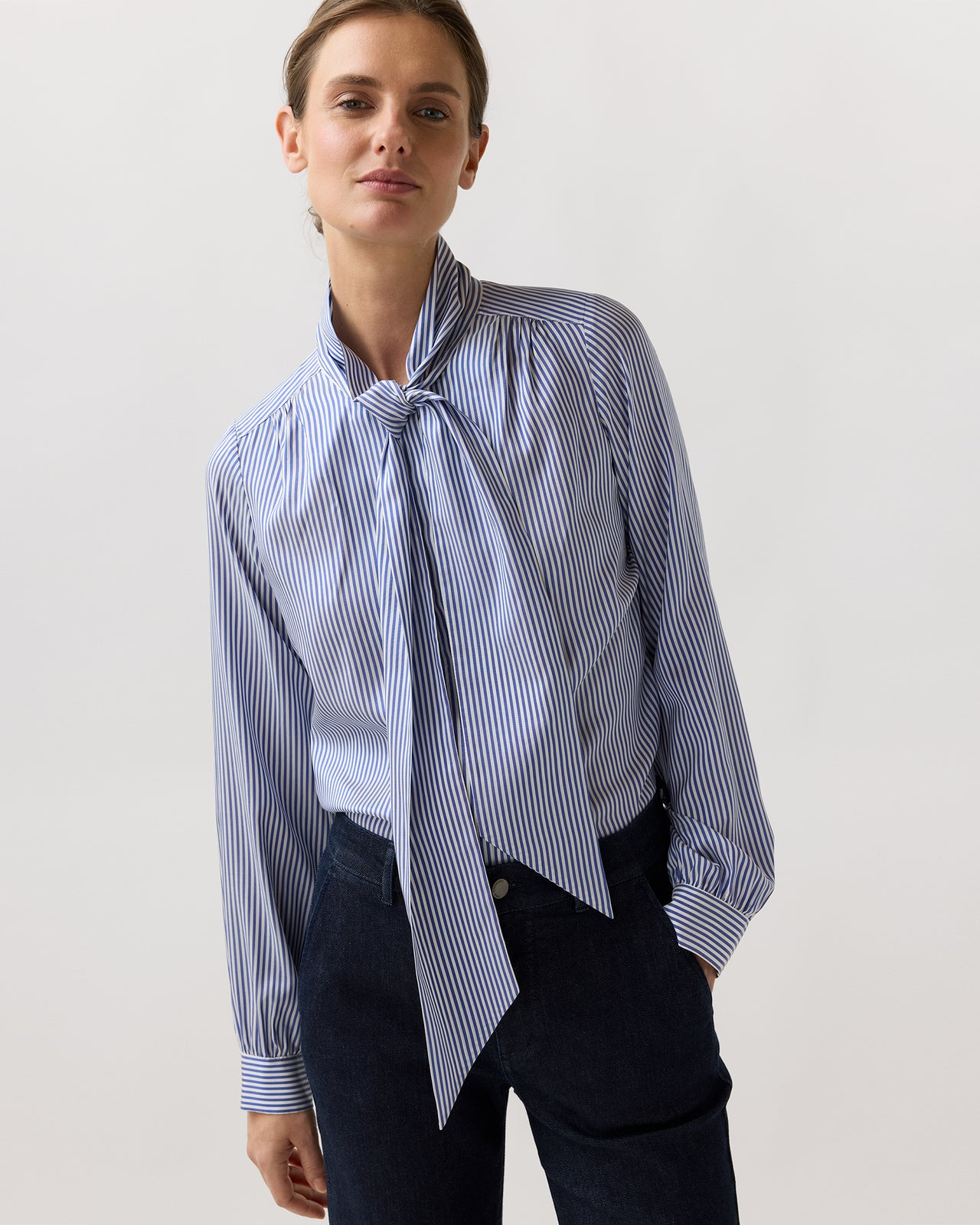 Tie-Neck Blouse in Blue/White Bengal Stripe Silk Crepe De Chine