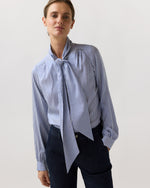 Load image into Gallery viewer, Tie-Neck Blouse in Blue/White Bengal Stripe Silk Crepe De Chine
