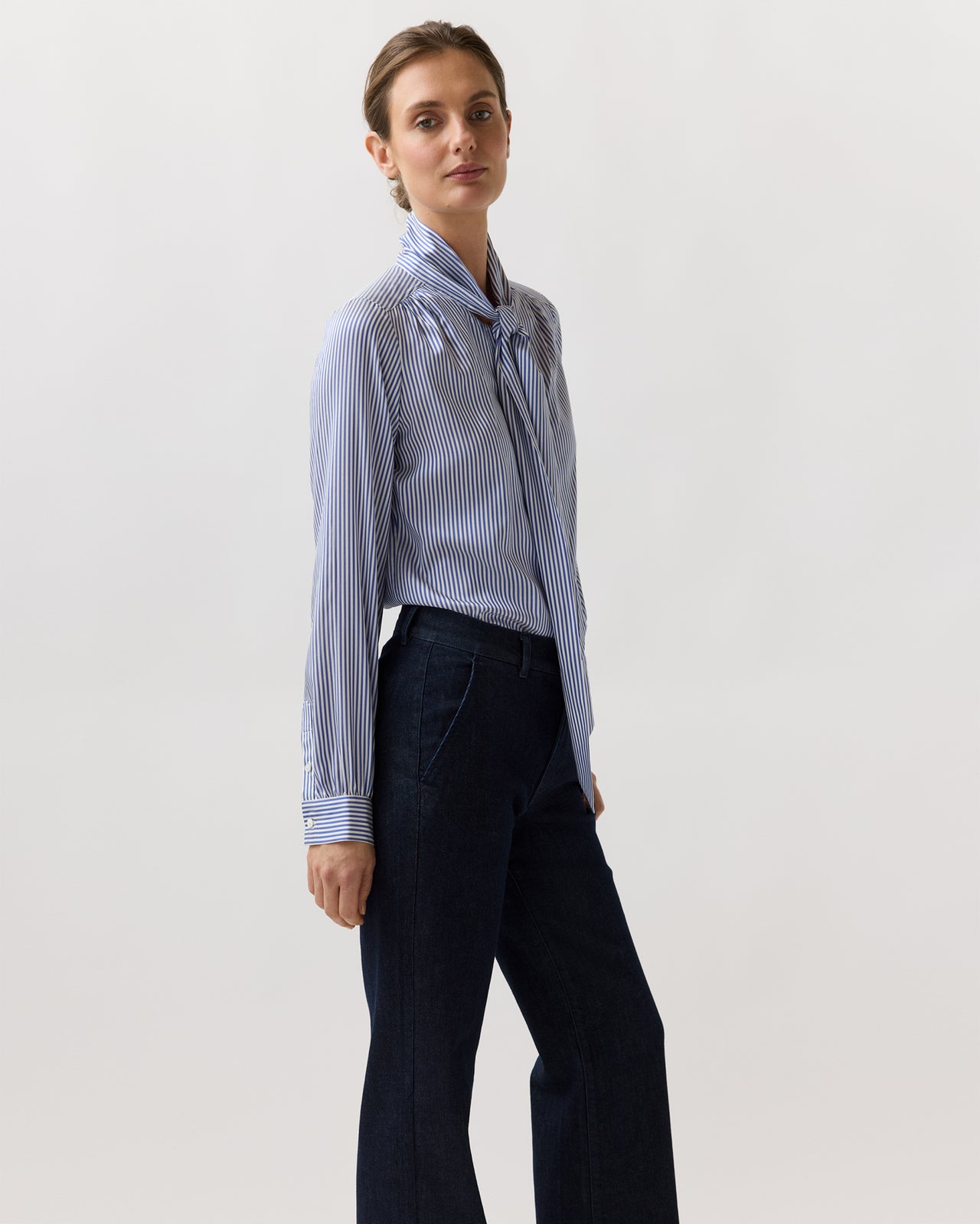 Tie-Neck Blouse in Blue/White Bengal Stripe Silk Crepe De Chine