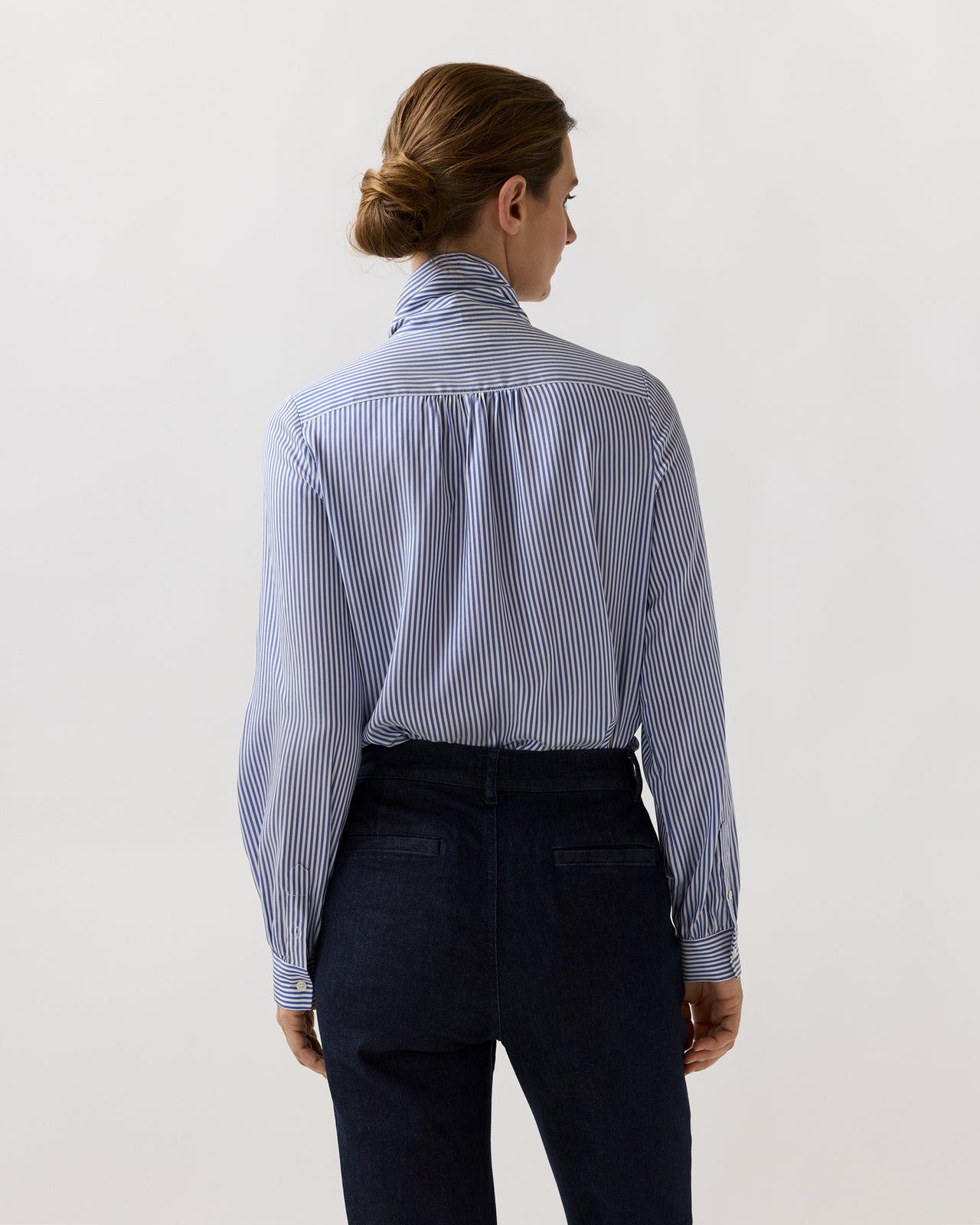 Tie-Neck Blouse in Blue/White Bengal Stripe Silk Crepe De Chine