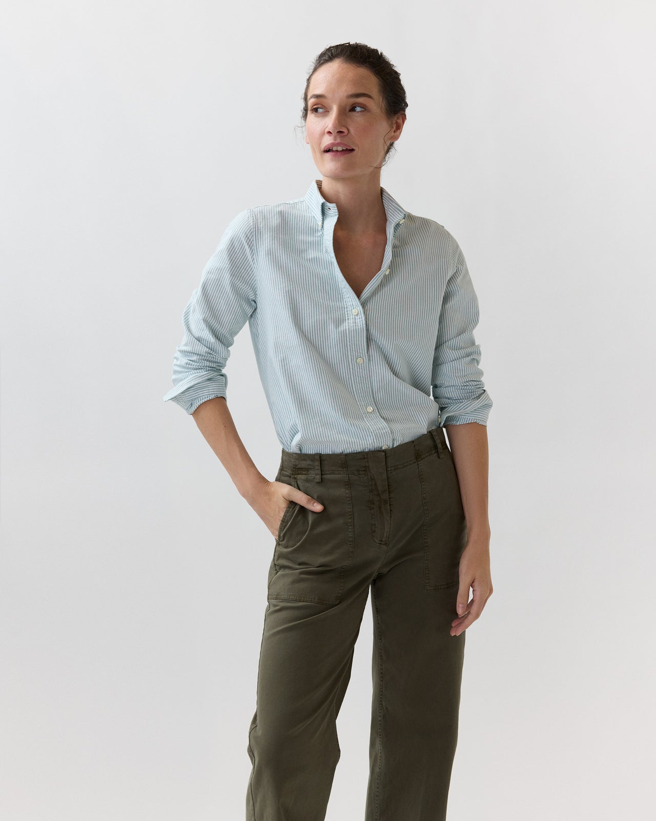Schoolgirl Shirt in Green/White University Stripe Oxford