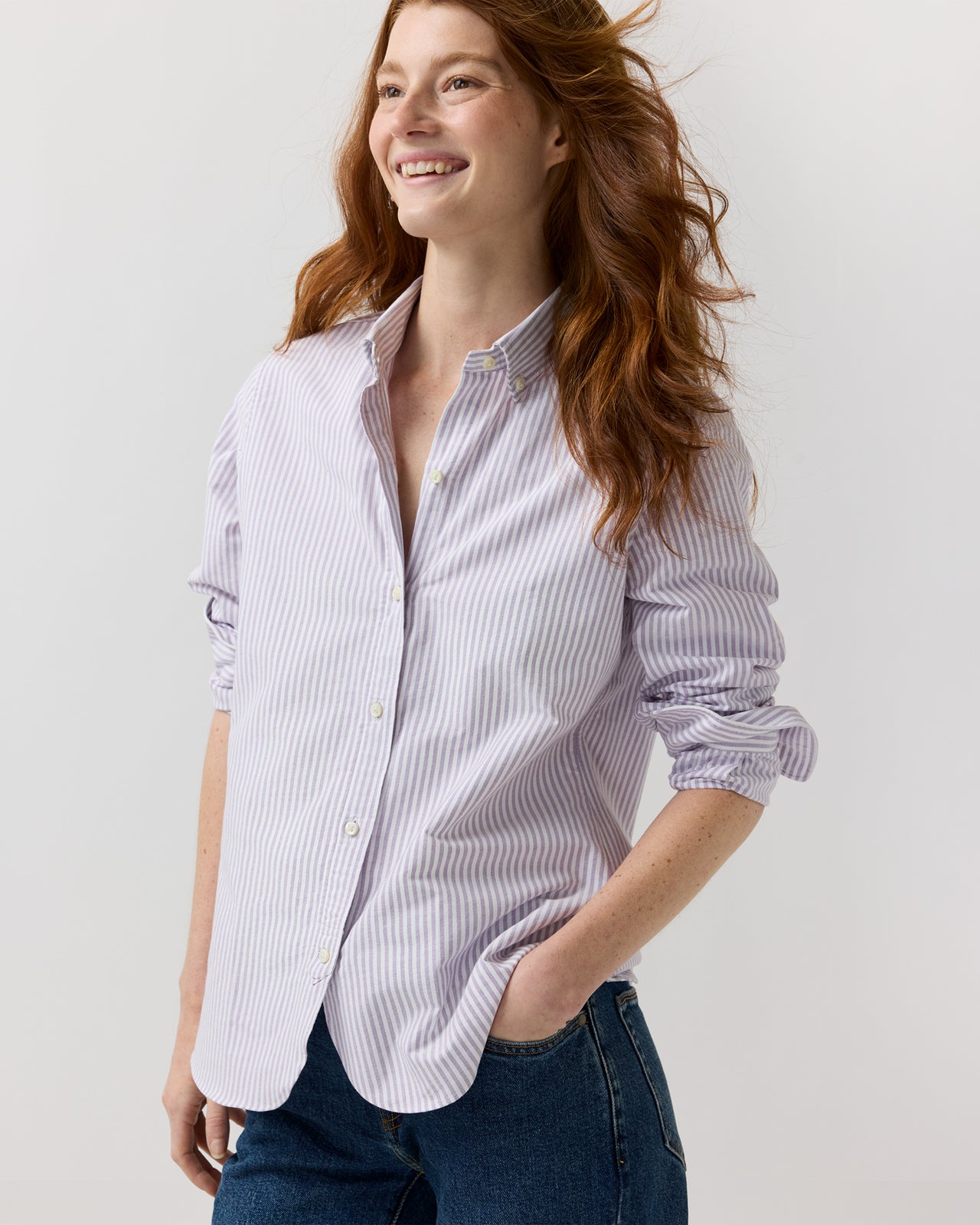 Schoolgirl Shirt in Lavender/White Bengal Stripe Oxford